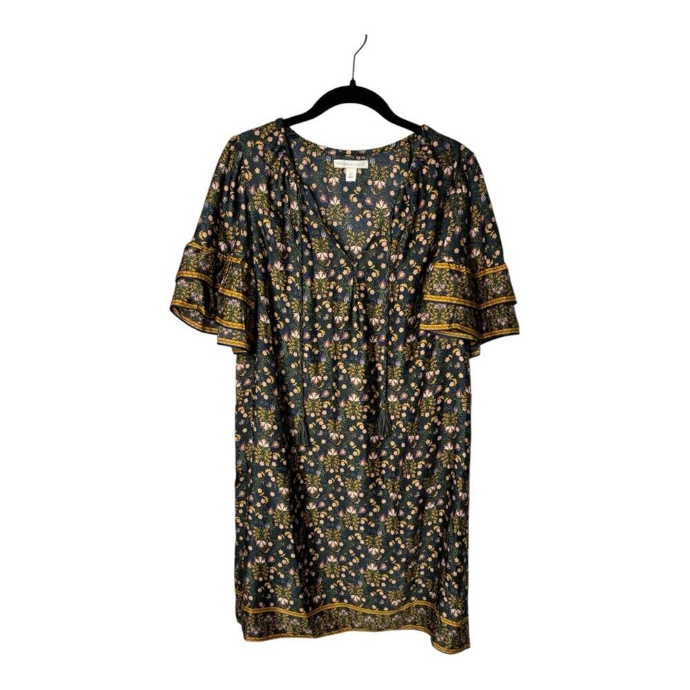 Chelsea & Violet Green Gold Floral Short Sleeve Tasseled Tunic Dress M